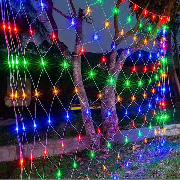 Julgransljus Utomhus Nätljus 9,8ft x 6,6ft 198 LED Flerfärgade Nätljus Plug in Mesh Ljus 8 Lägen Anslutningsbara för Tak Trädgård Gräsmatta