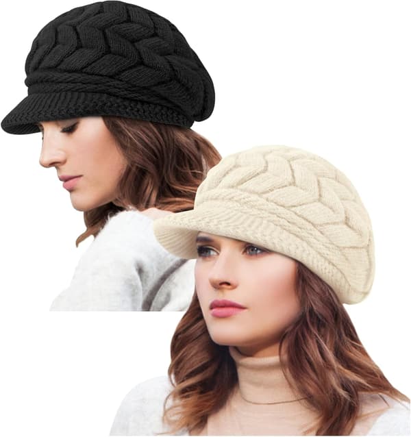 2-pack vintermössor för kvinnor, varm stickad mössa, slouchig mössa med brätte, presenter, svart beige