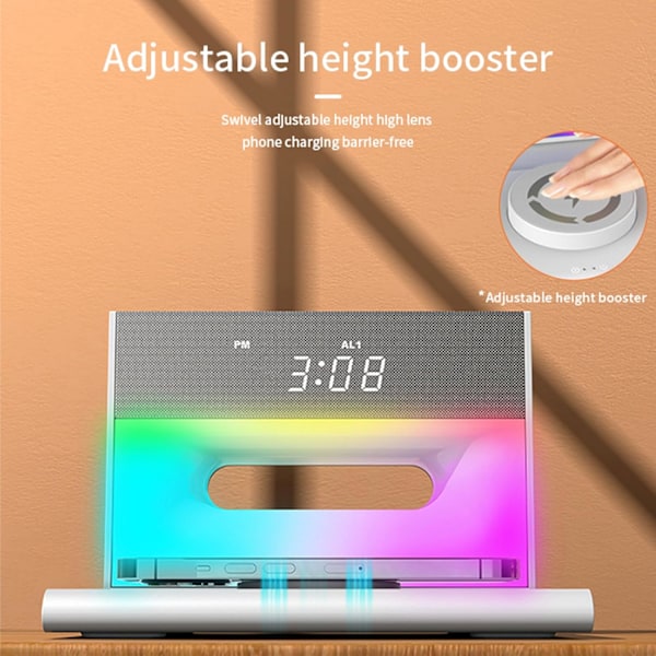 Ljudmaskin med väckarklocka för sovrum, dubbla högtalare, 15 W trådlös laddare, väckarklocka Bluetooth-högtalare för tunga sovare, nattvitt