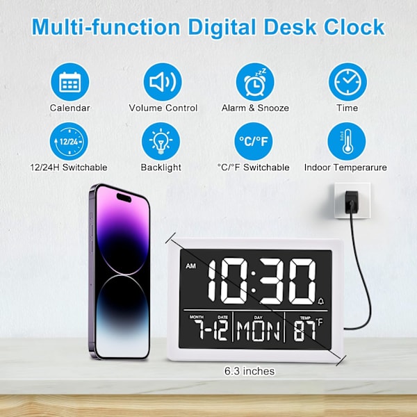 Digital väckarklocka med snooze, liten klocka/bordsklocka, 6,3\" LED digital kalender, 12/24H, justerbar ljusstyrka/volym, skrivbordsklocka för vit