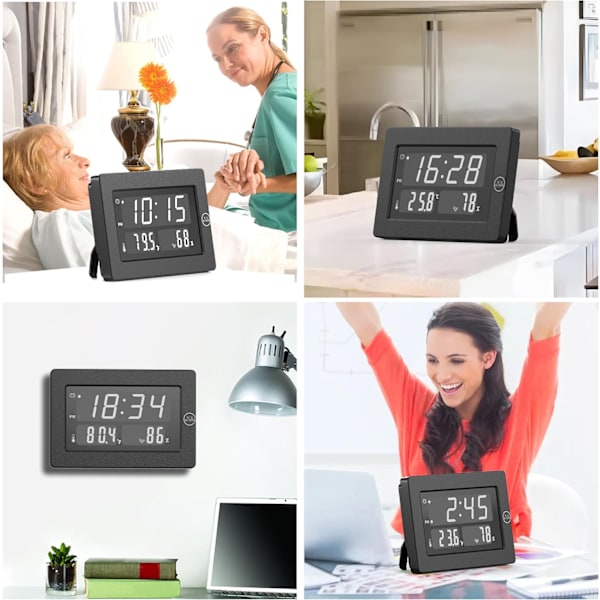 Alarmklokke, skrivebord med temperatur, fuktighet, veggklokke, batteridrevet, automatisk dimming, 12/24 timer, for skrivebord, veggmontert, klokke for dyp svart