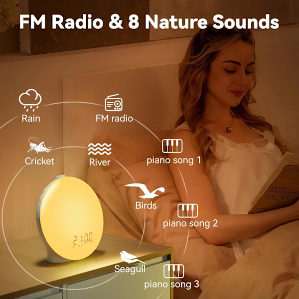 Solopgangs vækkeur til tunge sovende og børn, vækkeur med solopgang og solnedgangssimulering, sleep timer, dobbelte alarmer og FM-radio,