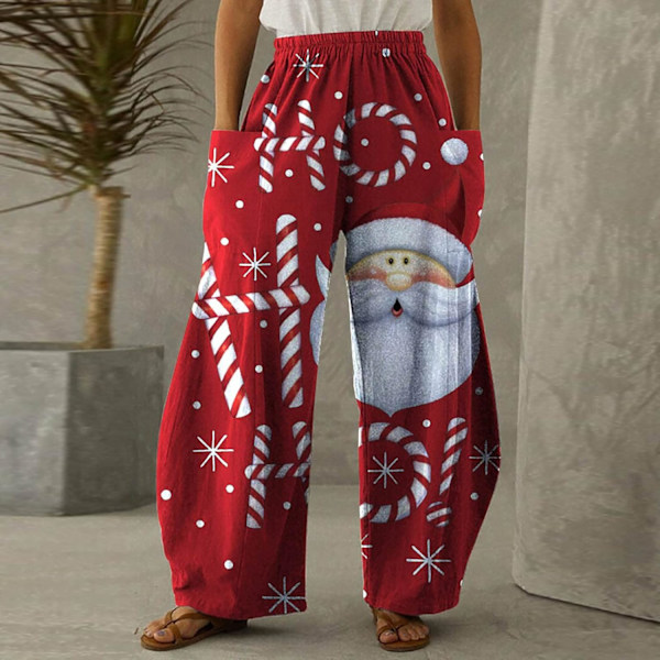 Womens Christmas Printed Sweatpants Elastic Waist Color Block Stitching Wide