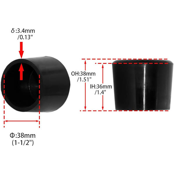 4 stk. Svarte slitesterke silikonmøbelputer Stolebenhetter Stolføtter Gulvbeskyttere Runde tupper, 1-1/2 tommer, 38 mm Svart-rund 38mm