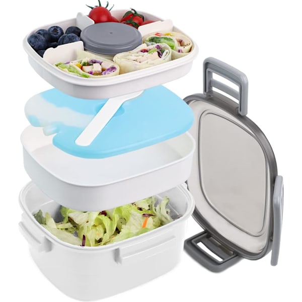 Lunsjboks 1600ML. Bentoboks med 3 rom og bestikk. Gjenbrukbar