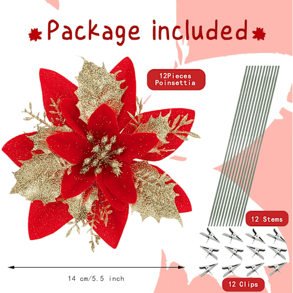 12 st glitter julstjärnor konstgjorda julblomsdekorationer blommor