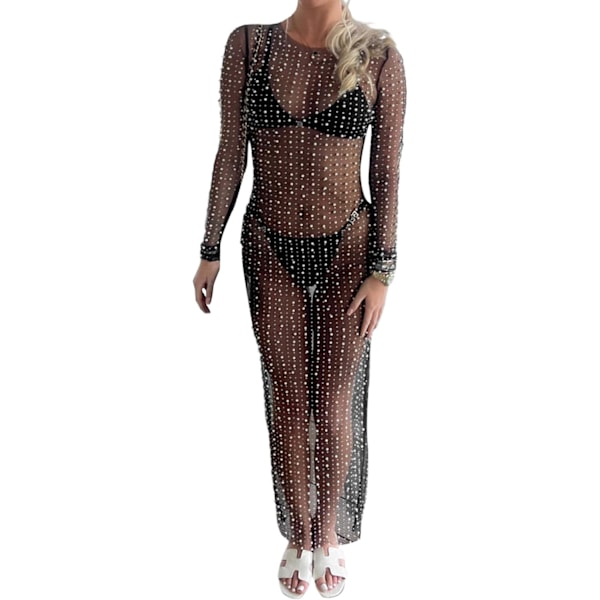 Genomskinlig mesh-pärla strass-klänning - strandkläder bikini-överdrag