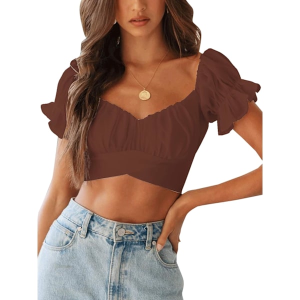 Kvinners Ruffle Korte Ermer Binde Opp Rygg Crop Top Off Shoulder Bardot Bluse