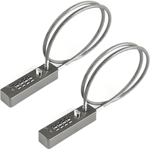 Stålkabellås, 2-pack 23-3/5 tum längd kombinationskabel 4-siffriga repkoder för små cyklar, garderober, staket, kylskåp (pistolgrå)