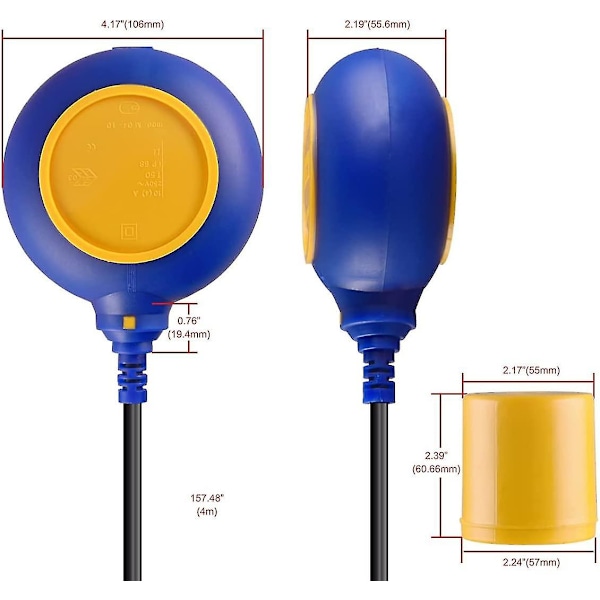 Rund flödesbrytare med 4m kabel, vattennivåregulator för vattentank, sump pump