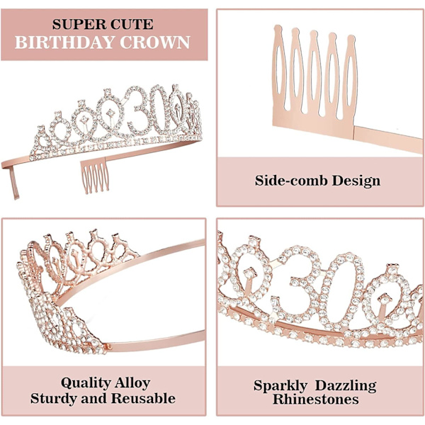 Rose Gold 30-års dekorationer sæt - sash, tiara, ballon, lys, toppers
