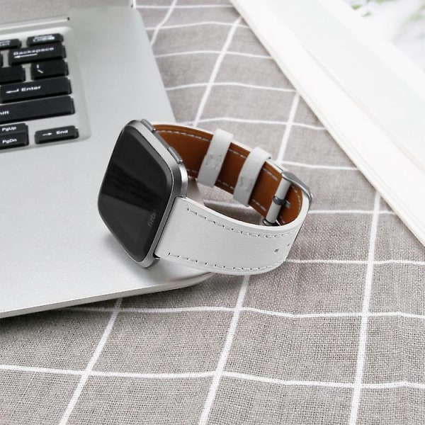 För Fitbit Versa 2 / Fitbit Versa Lite läderklockarmband med runt spänne LPS White