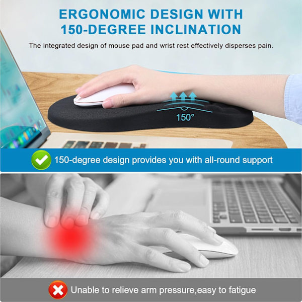 Ergonomisk musemåtte med håndledsstøtte, musemåtte med håndledsstøtte, tastaturhåndledsstøtte skridsikker PU-base massagedesign og memory foam sæt relief sort