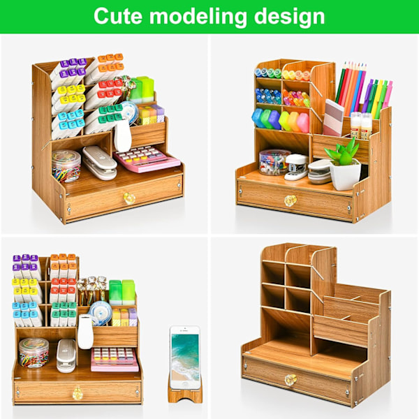 Opgraderet træ blyantholder, skrivebordsarrangør, nem montering, kunstforsyningsarrangør, skrivebordsstationær arrangør Caddy (B17-Kirsebær) B17-Kirsebær