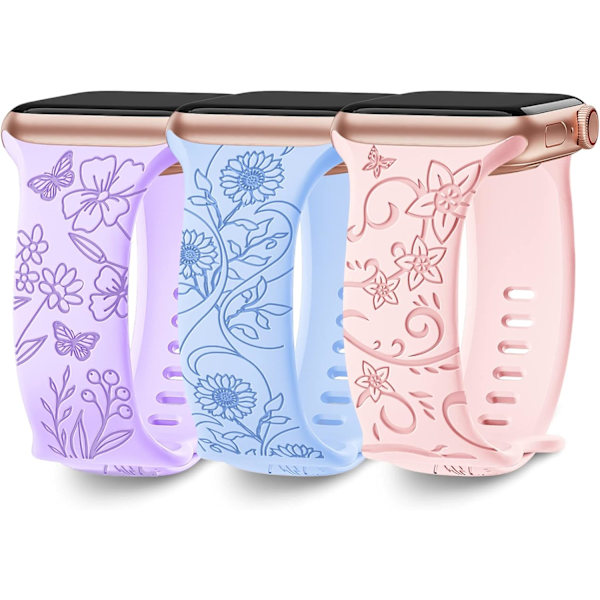 3-pack blommönster med graverade band som är kompatibla med Apple Watch