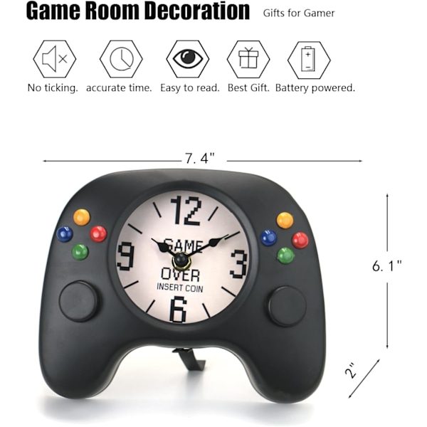 Gamepad-formet vægur, kaminur til gamere, metal, sort, 7,4 x 6,0 tommer, stille fejesekundbevægelse, unik videospilindretning sort