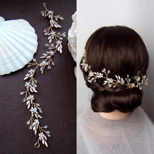 Blad Bröllop Hår Vine Blomma Brud Hårbit Kristall Rhinestone Lång