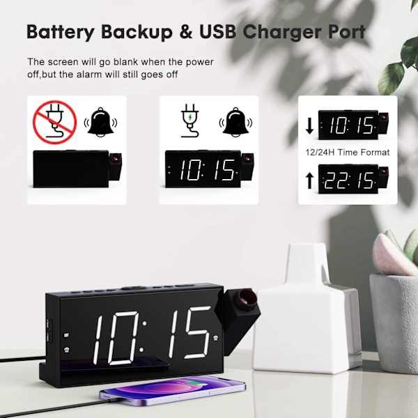 Projektionsväckarklocka för sovrum med USB-laddare