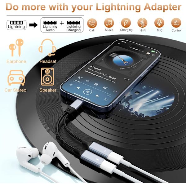iPhone-splitter för laddning och hörlursadapter, iPhone Lightning till 2 Lightning-adapter, Dual Lightning AUX + laddningsadapter Dongle-kabel