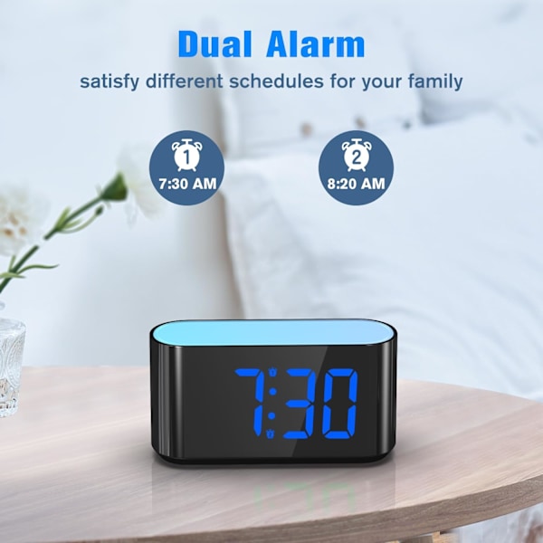 Digital väckarklocka för sovrum - Stor display lätt att läsa över rummet, 7 större färgade nattljus, dubbel alarm, dimmer, True Baery Blue