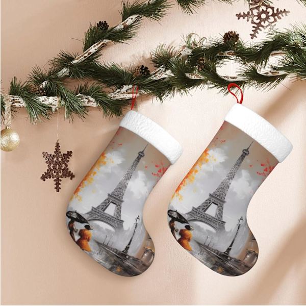 Eiffeltornet Paris Måleri Tryck Julstrumpa Julpynt Kaminhängande Julstrumpor för Familj Semester Julparty Dekorationer 45 cm