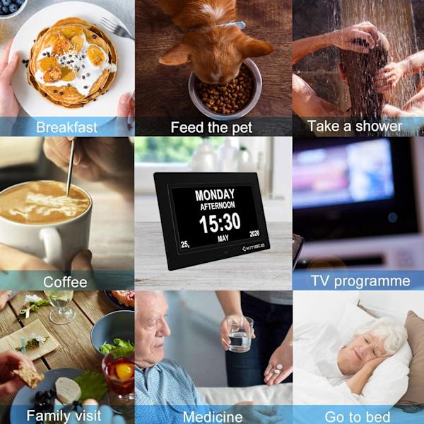 Digital kalenderlarm dagklocka, 8\" dagklocka kalender stor skärmdisplay, med 13 larmalternativ snooze-funktion för äldre, visuell röd,