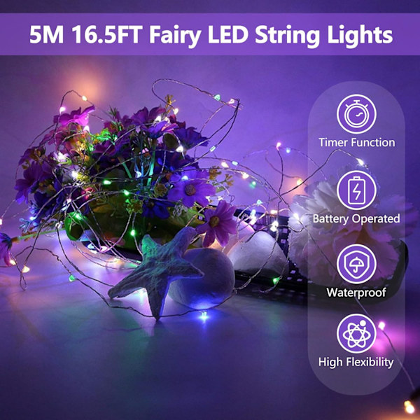 Batteridrivna ljusslingor med timer, 5m 50 LED Micro Wire Fairy String Lights med timer inomhus utomhusbelysning, sovrum, bröllopsdekor