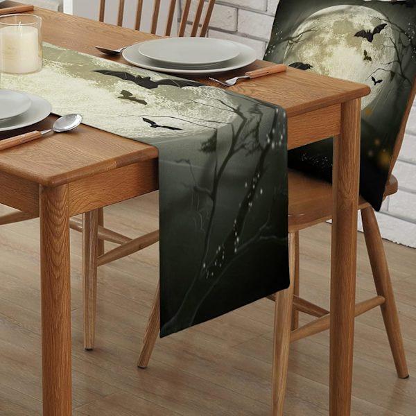 Scary Night Moon ress Scarves Non-Slip Cotton Linen Table Cloth Setting Kitchen ecor for Holiay inner Parties Bat Raven Crow Tablecloth, 13x3 Hal