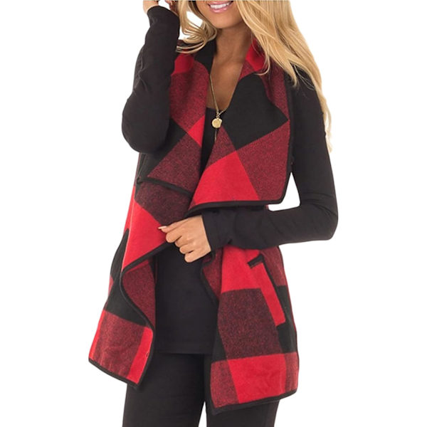 Dame Vest Lapel Åben Front Buffalo Plaid Ærmeløs Cardigan Jakke Frakke med