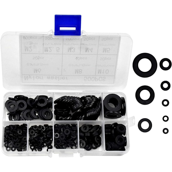 500 stk. sorte nylon-skiver - isolerende pakning O-ring tætninger assorteret sæt