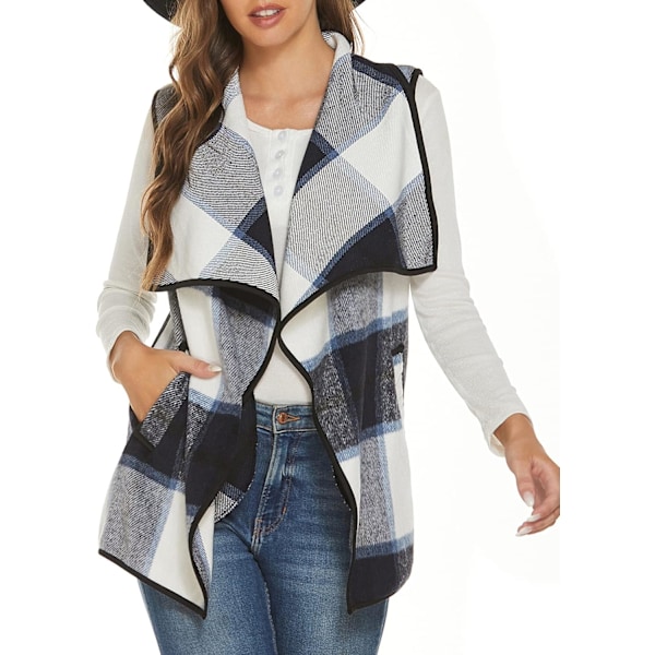 Dame Vest Lapel Åben Front Buffalo Plaid Ærmeløs Cardigan Jakke Frakke med