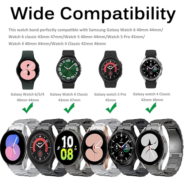 Metalrem til   Galaxy Watch FE/7/6/5/4, ingen mellemrum rustfrit stålrem til Galaxy Watch 6/4 Classic, justerbar elegant udskiftningsrem til Galaxy Watch