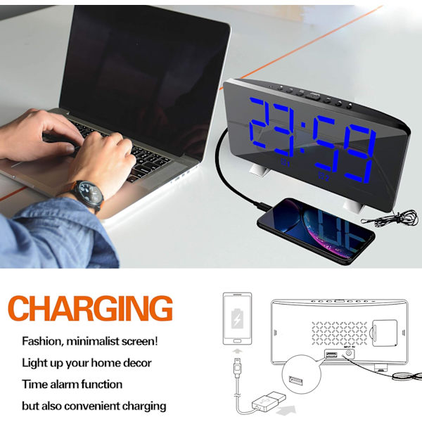 Digital väckarklocka med radio (76,0 MHz-8,0 MHz) 2 larminställningar USB-port för laddning 4 justerbar ljusstyrka Snooze digital klocka för barn Blå