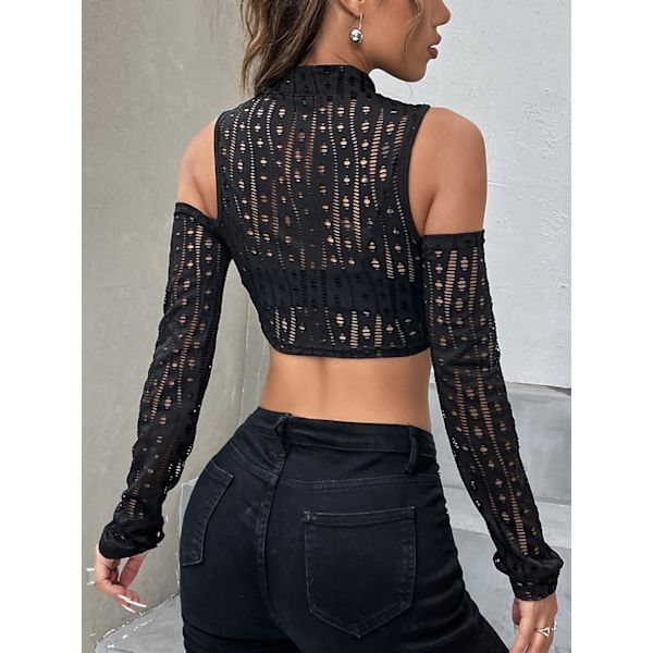 Kvinnors utskurna långärmade rundhalsade Crop Top Slim