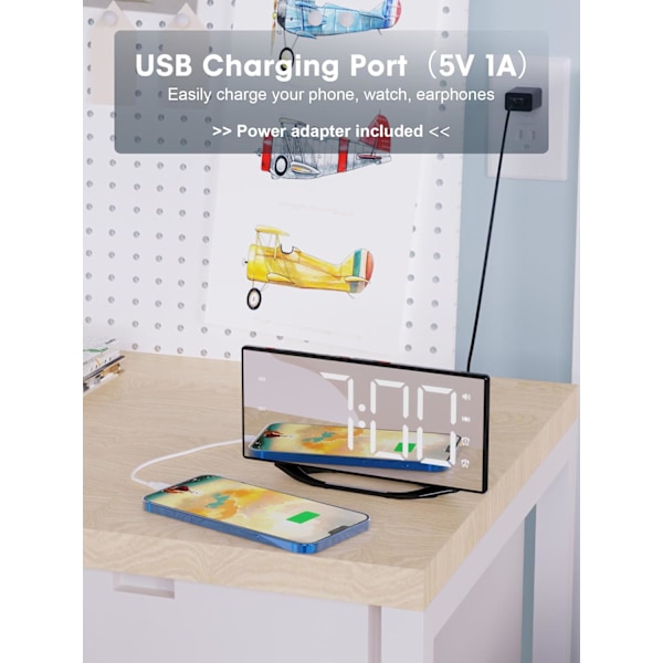 Extra högljudd väckarklocka för tunga sovare vuxna, digital dubbel väckarklocka för sovrum med USB-laddare, 8,7\" stor LED-spegeldisplay, vibrerande