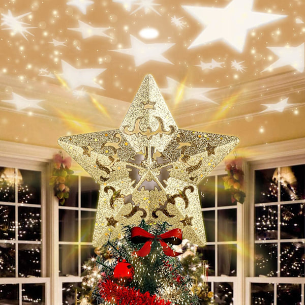 Christmas Tree Star Topper with 3D Projector,LED Rotating Starflake Flash Xmas