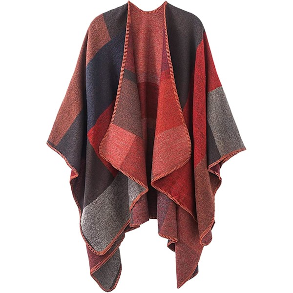 Plaid Sweater Poncho Open Front Cape Coat & Blanket Shawl for Women