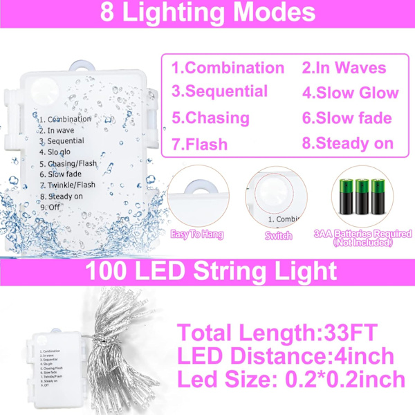 33 fot 100 LED-slingor Alla hjärtans dag dekoration Timer 8 lägen Batteridriven Vattentät Alla hjärtans dag Ljus Juldekoration Utomhus