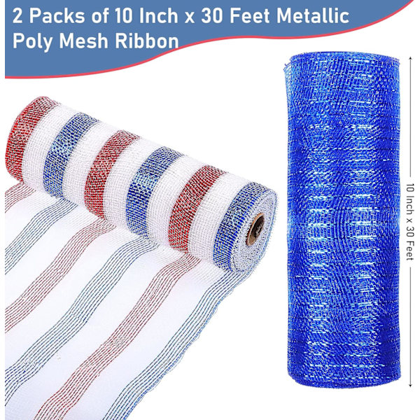 2 rullar 4 juli poly jute nät 10 tum x 30 fot patriotisk metallisk poly