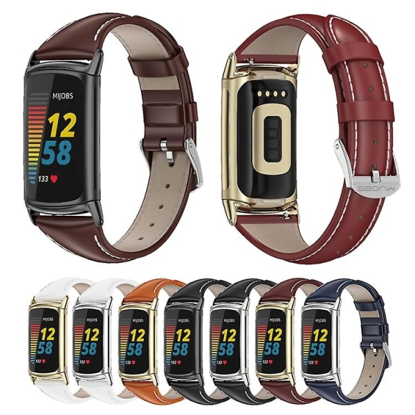 För Fitbit Charge5 Mijobs Äkta Läder Slim Watch Band RIB Black
