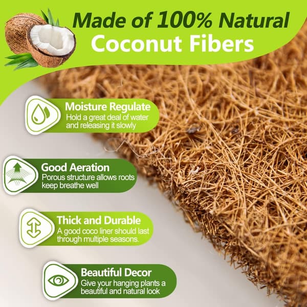 2 st 12'' kokosfiberfoder för hängande korgar, 100 % naturligt kokosfiberinlägg, 12 tum runda tjocka kokosfoder för trädgårdsväxter