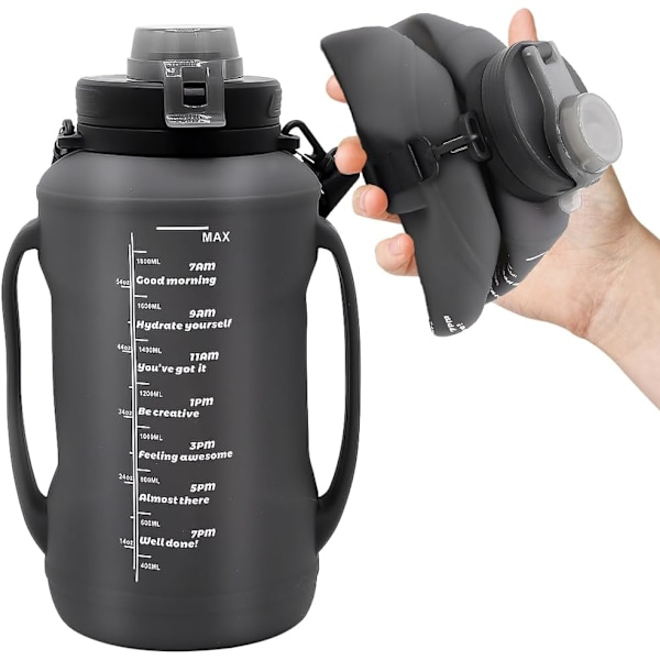 Sammenleggbar Silikon Vannkopp med Sugerør, BPA-fri, Egnet for Utendørs Sportsflaske (Svart) 1,9 liter