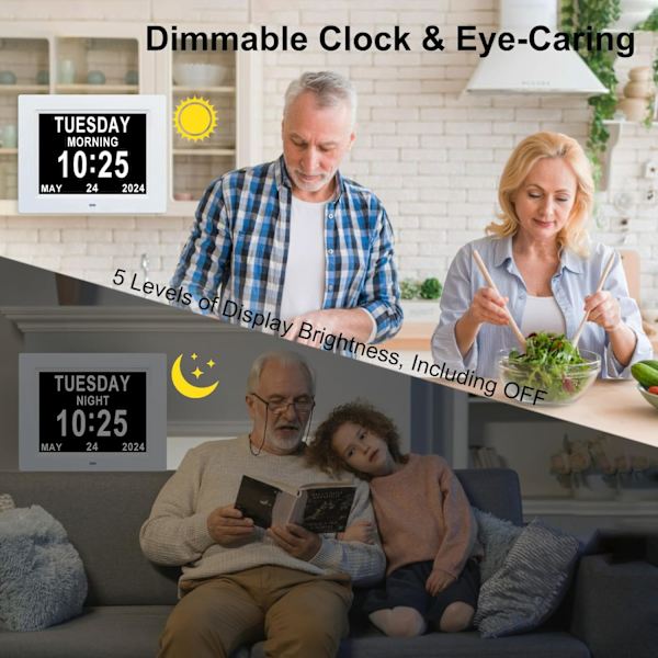 Digital klocka demens för seniorer, för sovrum med datum och veckodag, stor display kalenderklocka äldre, Baery Backup, SD-kortvideo,