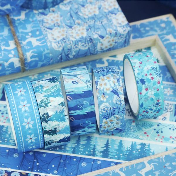 Vinter Washi Tape Set 10 rullar - Blå Vit Snöflinga Blomma Trä Dekorativ Tejp för Hantverk