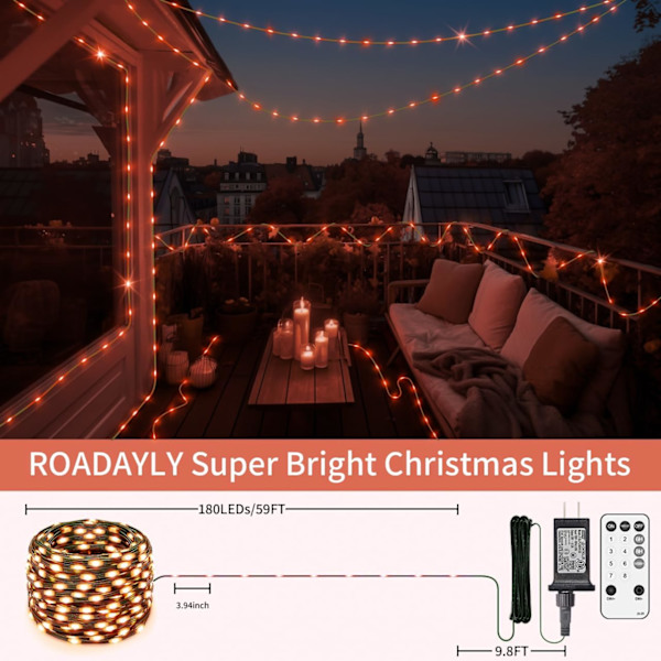 Orange Halloween ljusslinga, 180 LED utomhus vattentät Halloween träd ljusslinga med fjärrkontroll timer 8 lägen, plug in ljusslinga för