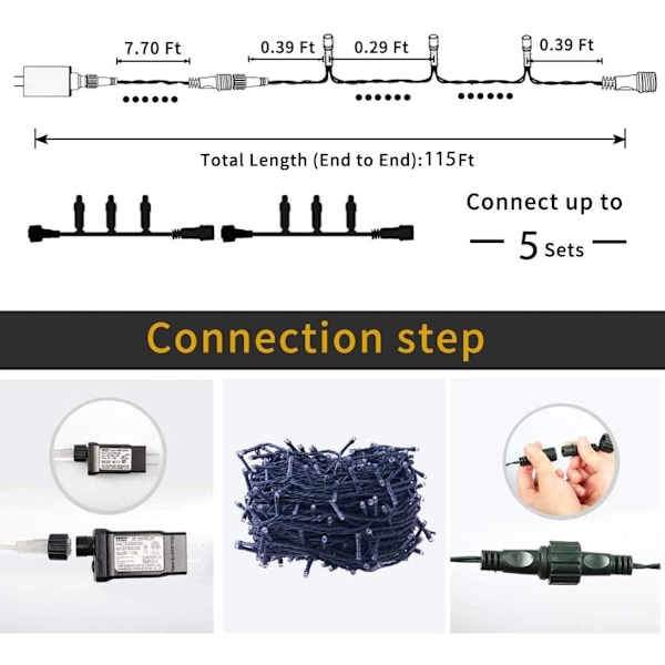 Utomhus flerfärgade julgransljus, 320 LED 35m/115ft inomhus vattentät 8 lägen Fairy Twinkle Lights End-to-End Plug in, för