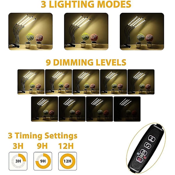 Växtlampa, 4 huvuden Timing 80 Led 9 dimbara nivåer Växtlampor för inomhusbruk