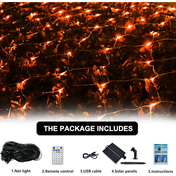 Solcells nät Halloween-lampor orange, 192 LED nätlampor utomhus, 19 lägen transparent tråd solcells drivna wrap trädlampor för trädgård, gård, orange