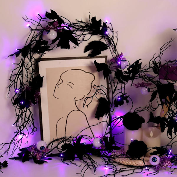Sort Halloween hængende guirlande med 2 stk. lilla lyskæder hvide øjenæbler ahornblad vin guirlande silke kunstige efterårsblade plastik lang st e