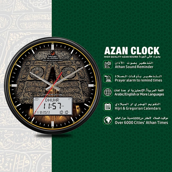 Azan-klocka, LED-böne klocka för muslimer, Athan-väggklocka, läs hem/kontor/moské digital Azan-klocka för heminredning svart svart